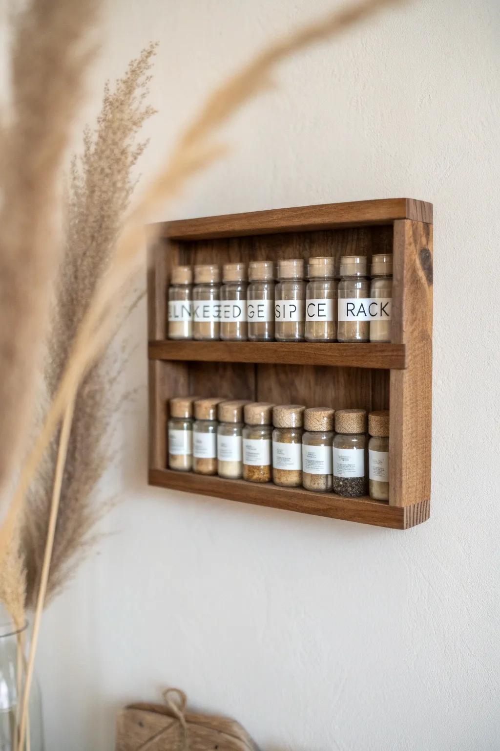Live-edge spice shelf sculpture—floating jars framed by nature’s edge and a clear resin line.