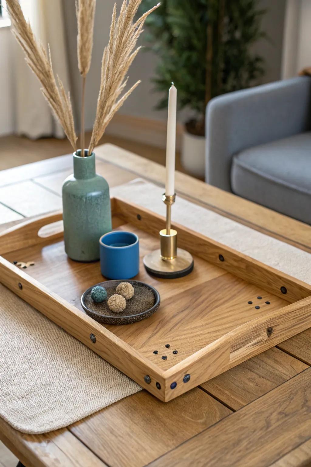 Magnetic wood tray keeps candle + vase vignettes in place—swap the look in seconds.