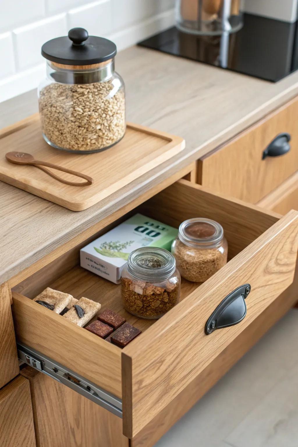 Slide-out pantry “zones” keep deep RV storage calm—one drawer, one category, zero chaos.