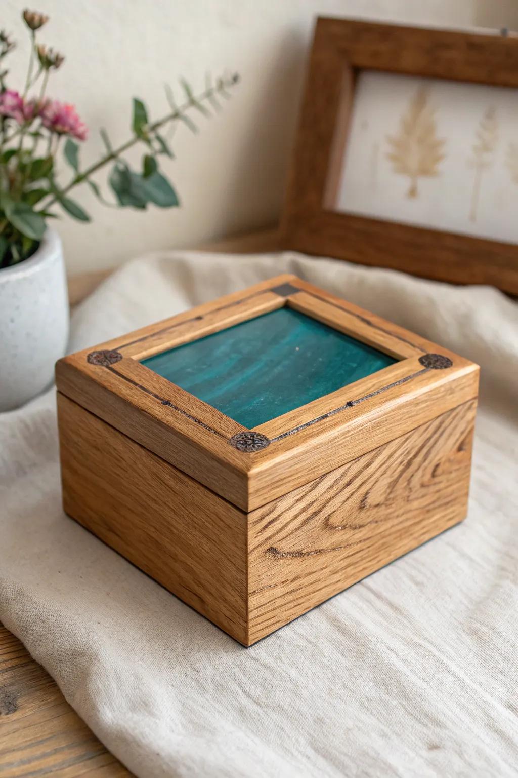 Reclaimed oak box with glossy resin inlay—rustic grain meets a bold, modern pop.