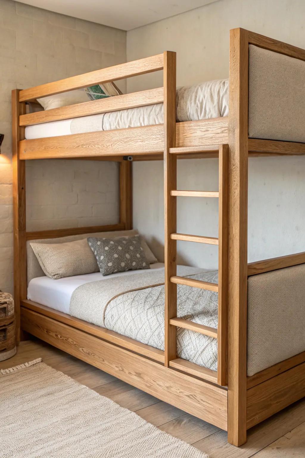 Warm oak bunks with slim upholstered rails and padded headboards—soft, modern, and refined.