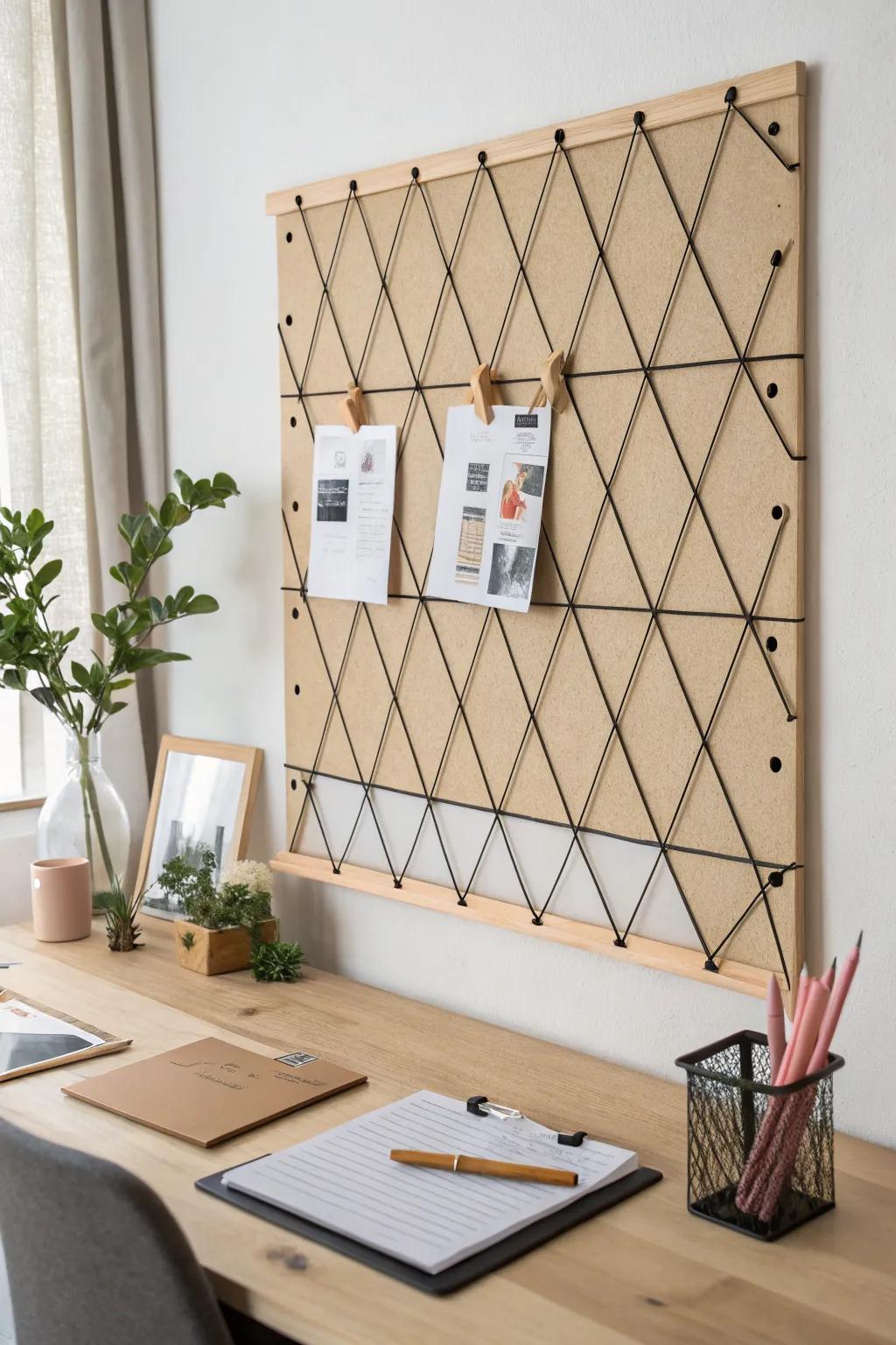 Minimal plywood note grid with black elastic—swap weekly lists fast, no pins needed.