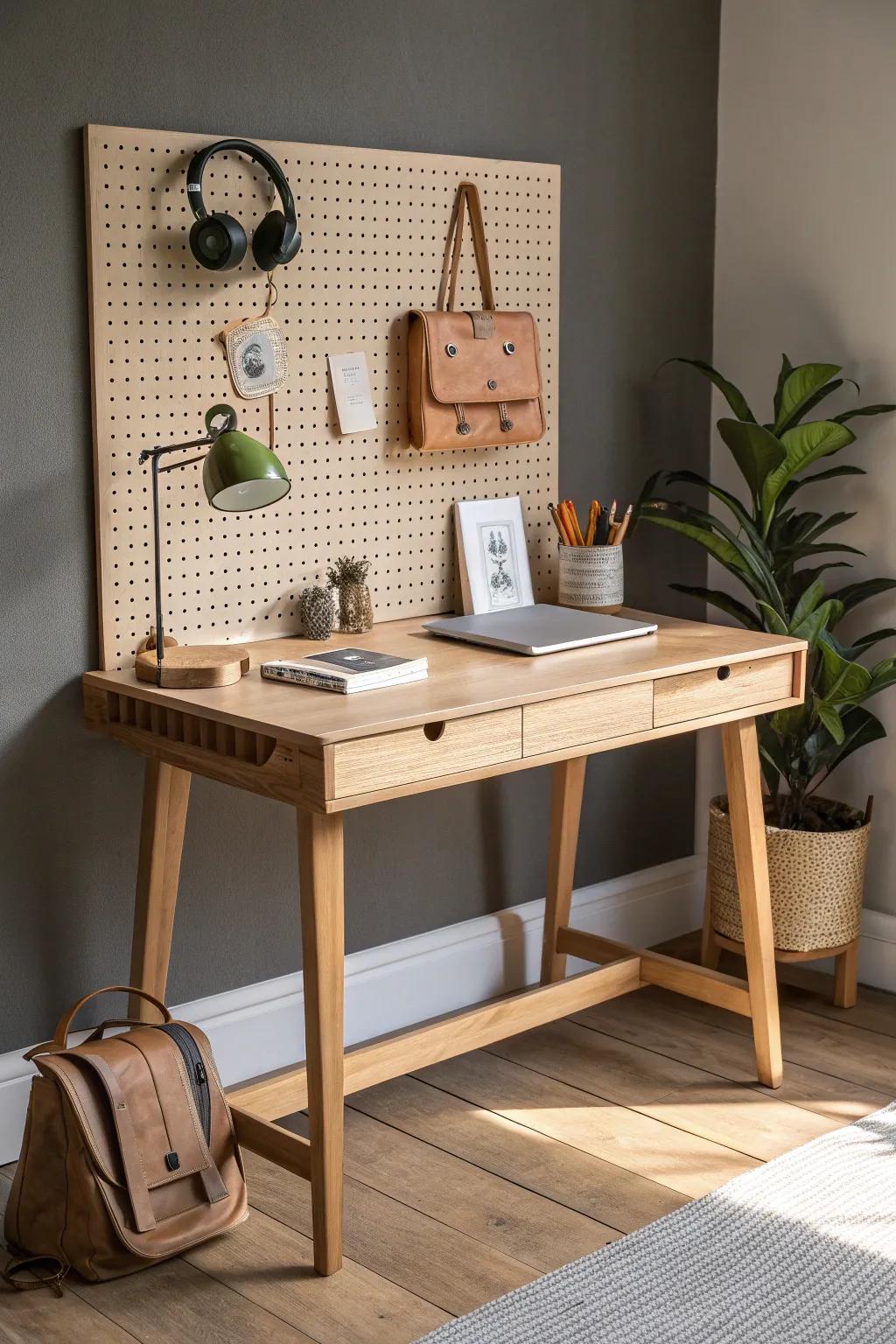 Light oak desk with a pegboard back wall—vertical storage that keeps your workspace serene.