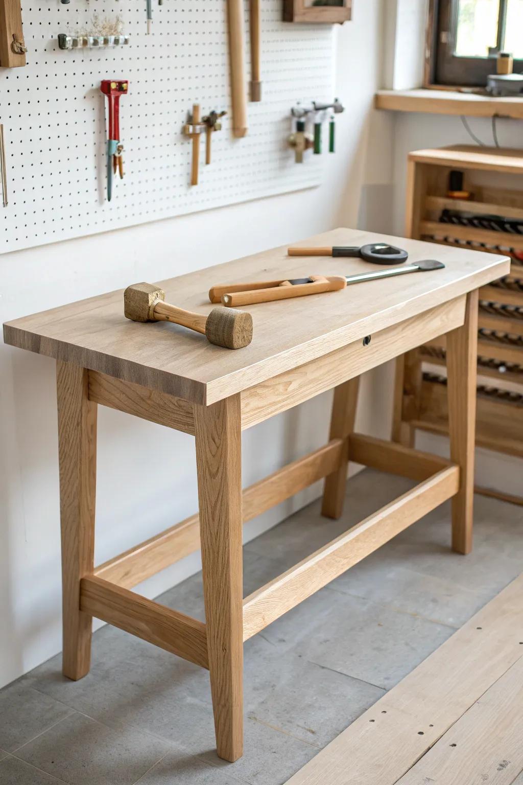Mini workshop annex: a compact oak bench that keeps your dining room calm and craft-ready.