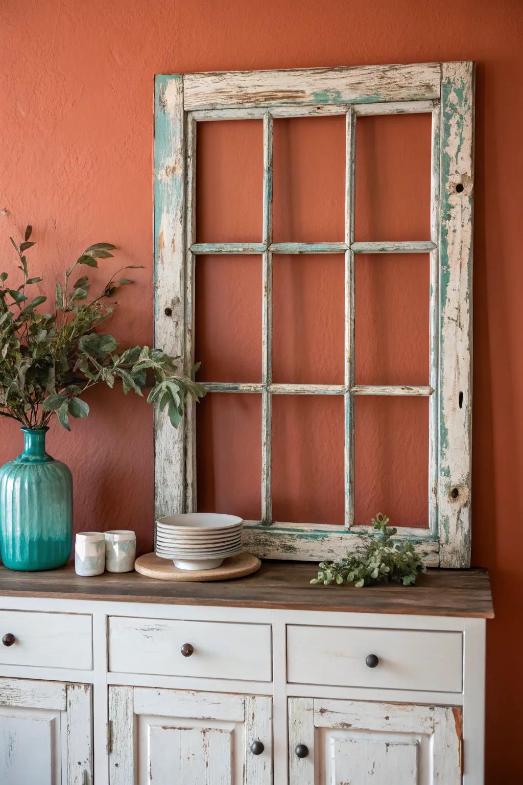 A salvaged window frame makes a striking, farmhouse-chic backdrop above your dining room server.