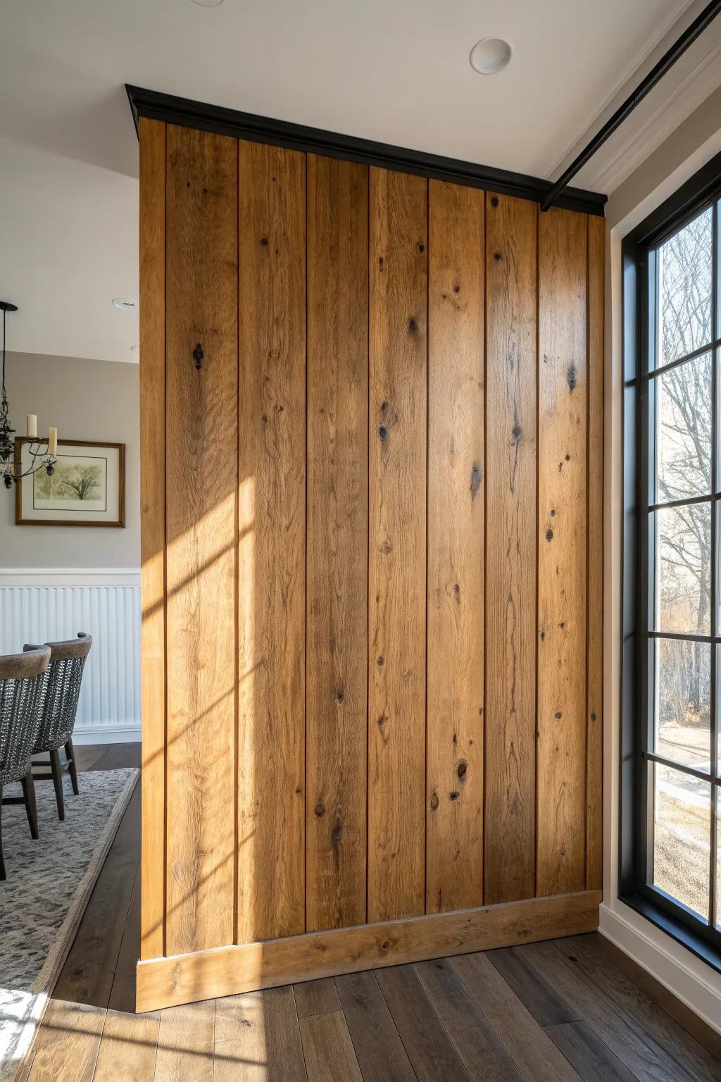 Clear-finished natural wood paneling that celebrates knots, grain, and cozy dining warmth.