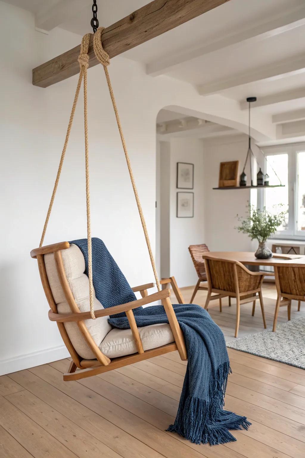 Handcrafted oak swing chair: the bold, cozy conversation spot that elevates a dining room corner.