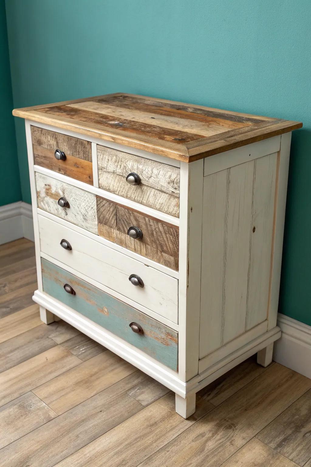Patchwork reclaimed wood top meets softly chippy paint—an heirloom look with modern calm.