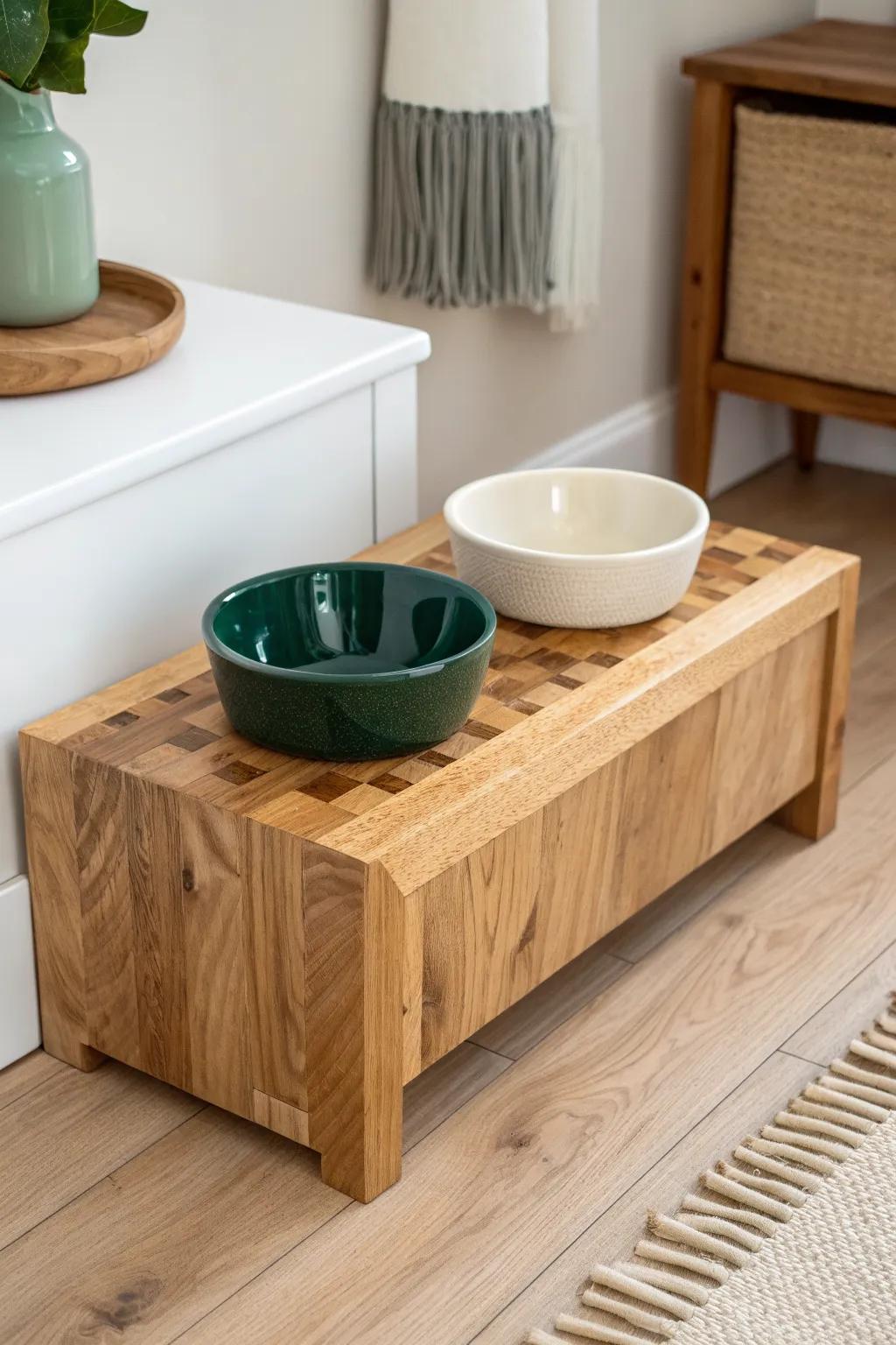 A sleek butcher block feeding station with recessed bowls—easy to wipe clean and stays put.