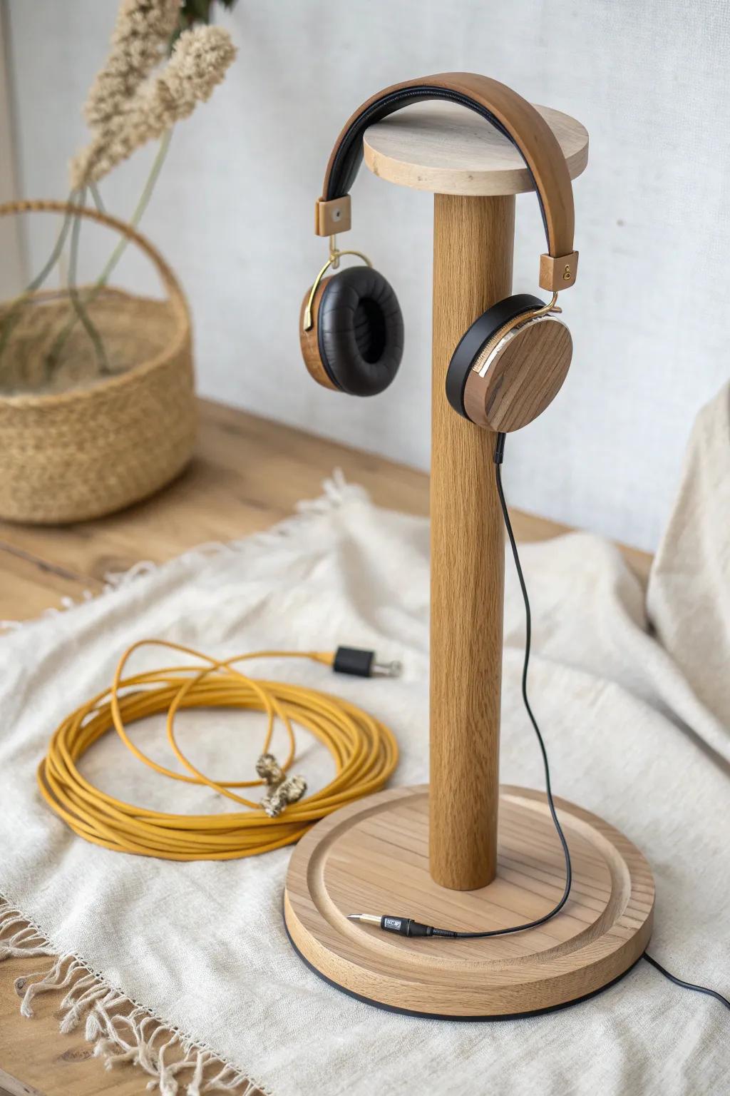 Spin-to-grab DIY headphone stand—oak, lazy-susan base, and a brass ring for tidy cables.