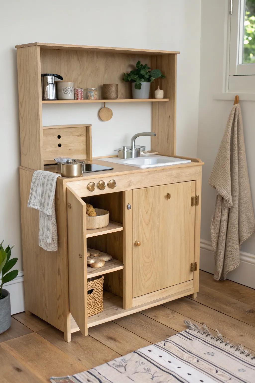 A fold-down wall play kitchen that tucks away like a cabinet—big wow, small footprint.