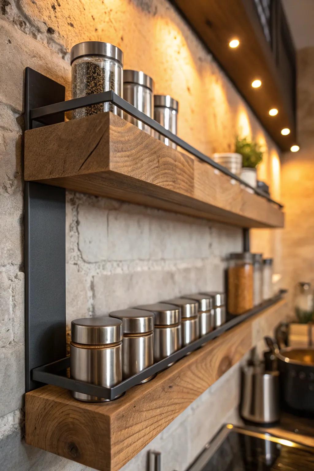 Elevate your kitchen with stylish magnetic strip shelves for a touch of craftsmanship and modern flair.