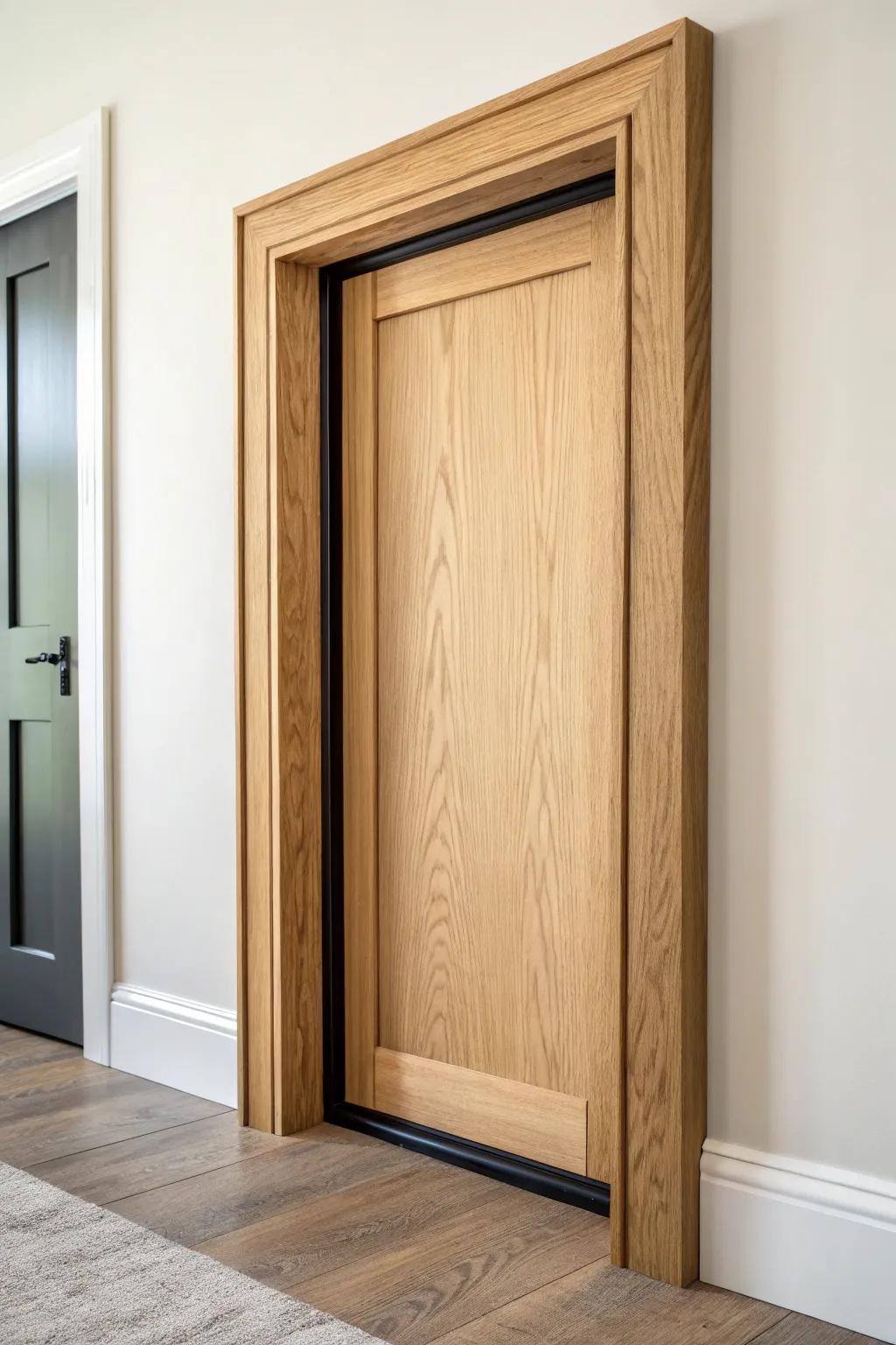 Warm oak doorway molding with a slim black metal-edge backband for bold industrial contrast.