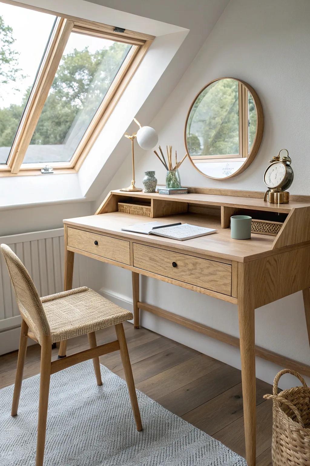 Built-in dormer desk with hidden drawers—sunlit storage that doubles as a dreamy vanity.