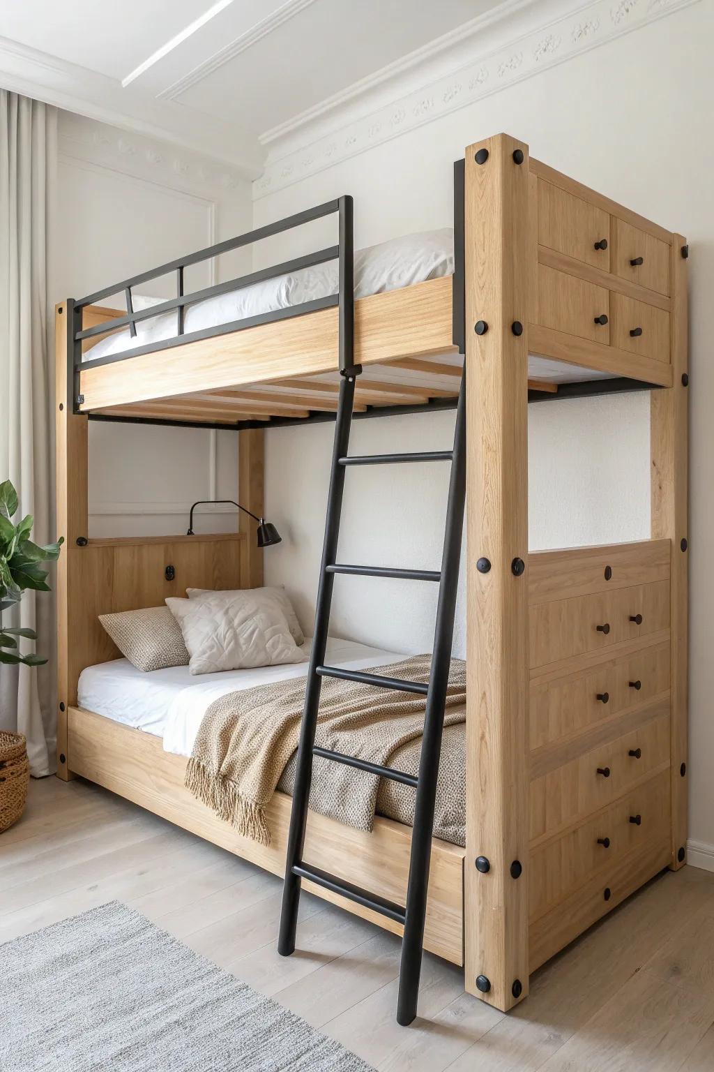 Industrial wood-and-metal bunk bed: light oak, matte black straps, and a bold terracotta pop.