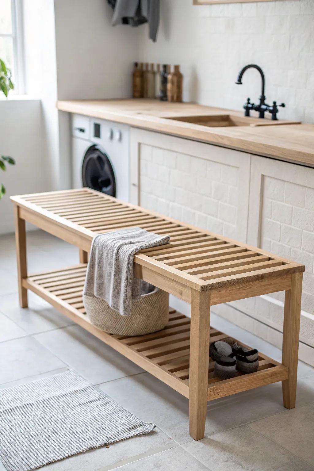 A slatted wood drying bench that turns muddy gear and pets into calm, clean routine.