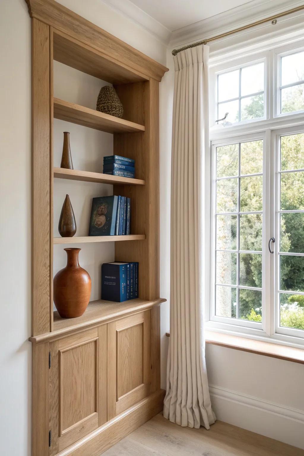 Double window trim becomes a mini built-in—sleek casings extended into airy shelves.
