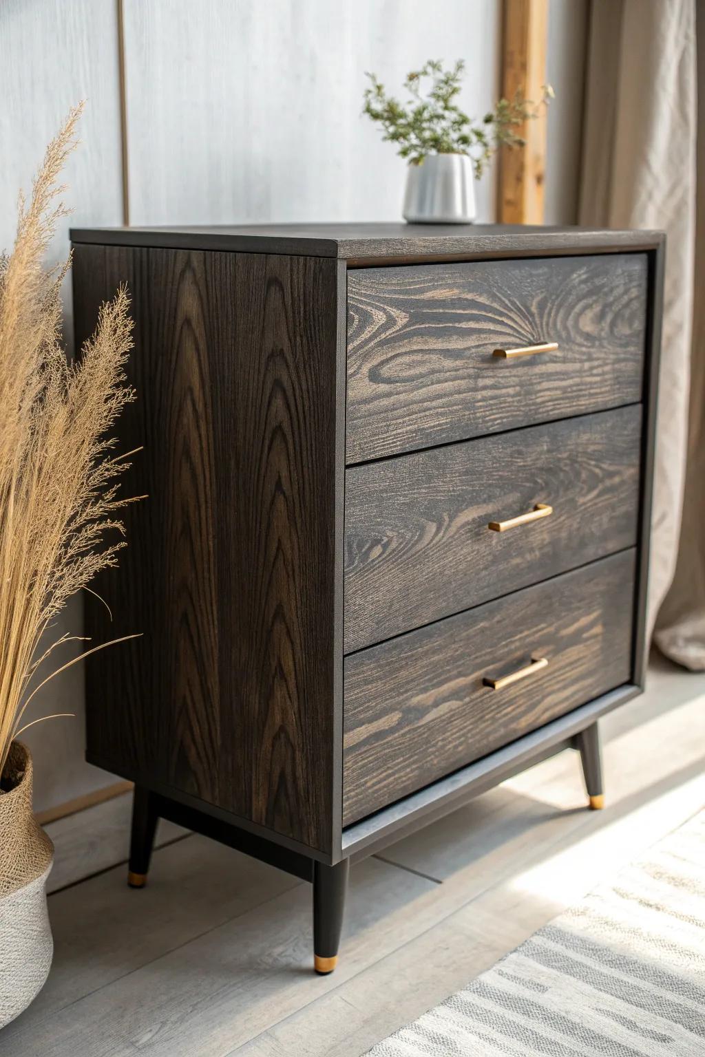 Lightly charred Shou Sugi drawer front—bold grain, matte black depth, and a simple brass pull.