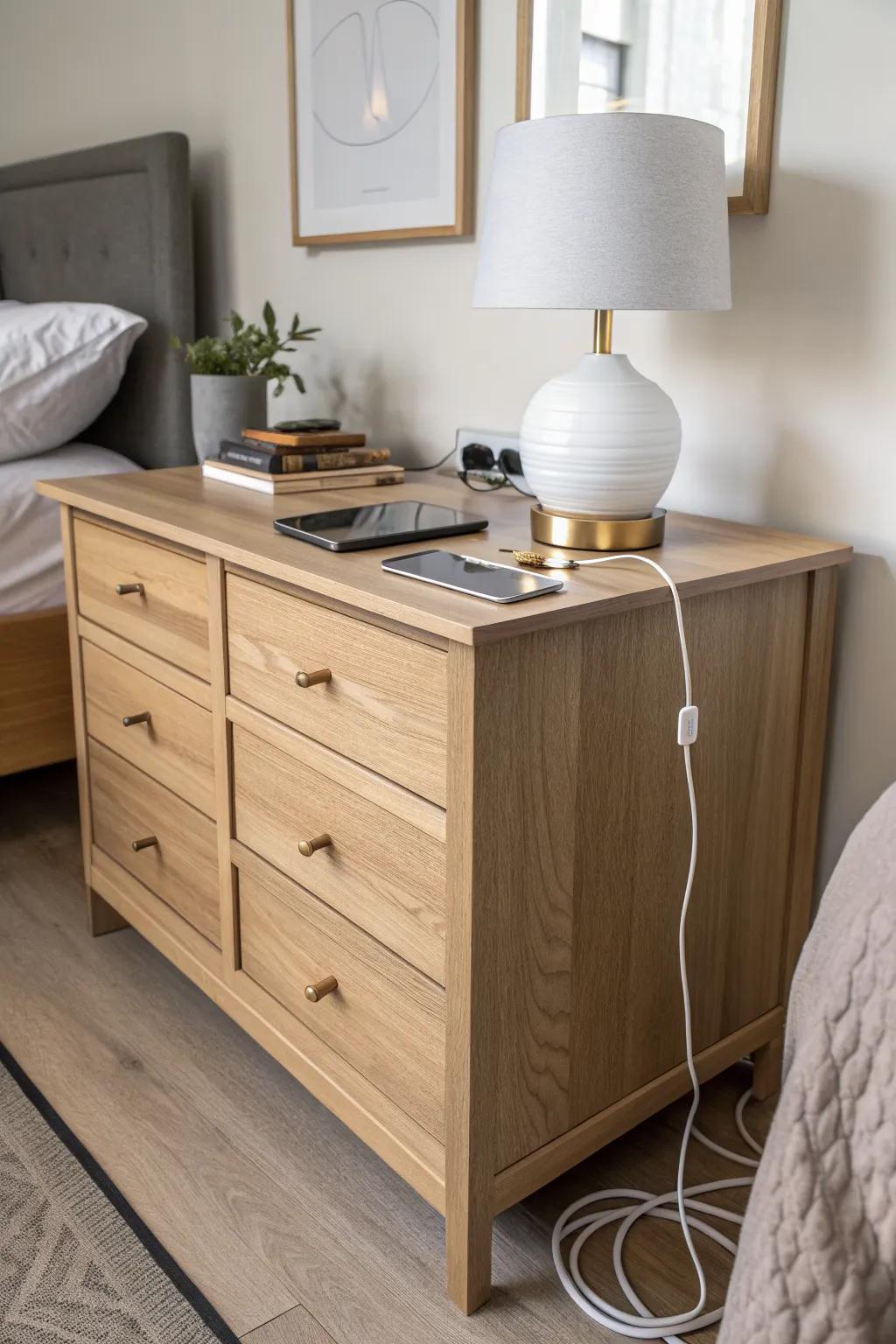 Turn a dresser drawer into a hidden charging station—cords disappear, bedside stays serene.