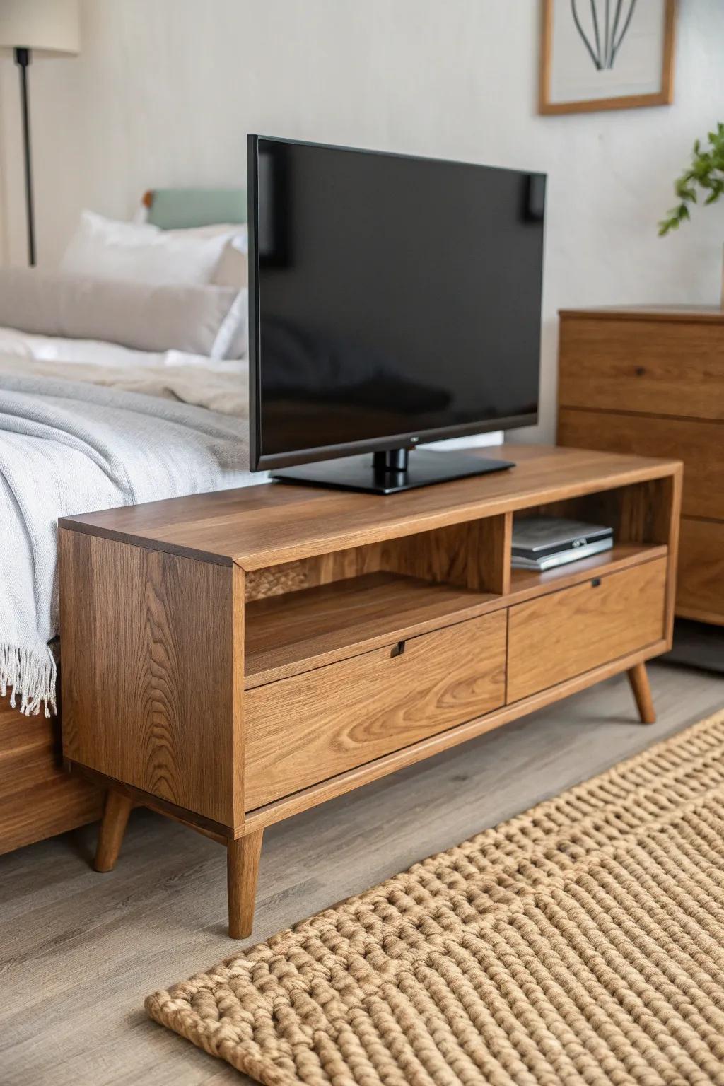 A foot-of-bed dresser becomes a sleek media console—hidden cords, warm wood, bold contrast.