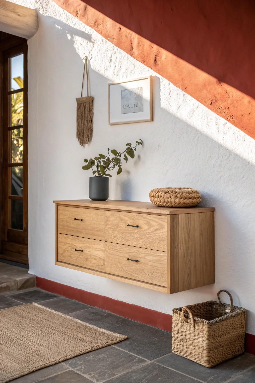 Floating oak console dresser adds modern rustic charm and keeps the dining room light.