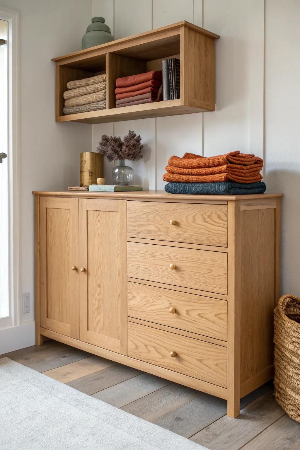 A kitchen dresser made cozy with folded linen and boho textiles—minimal, warm, and inviting.