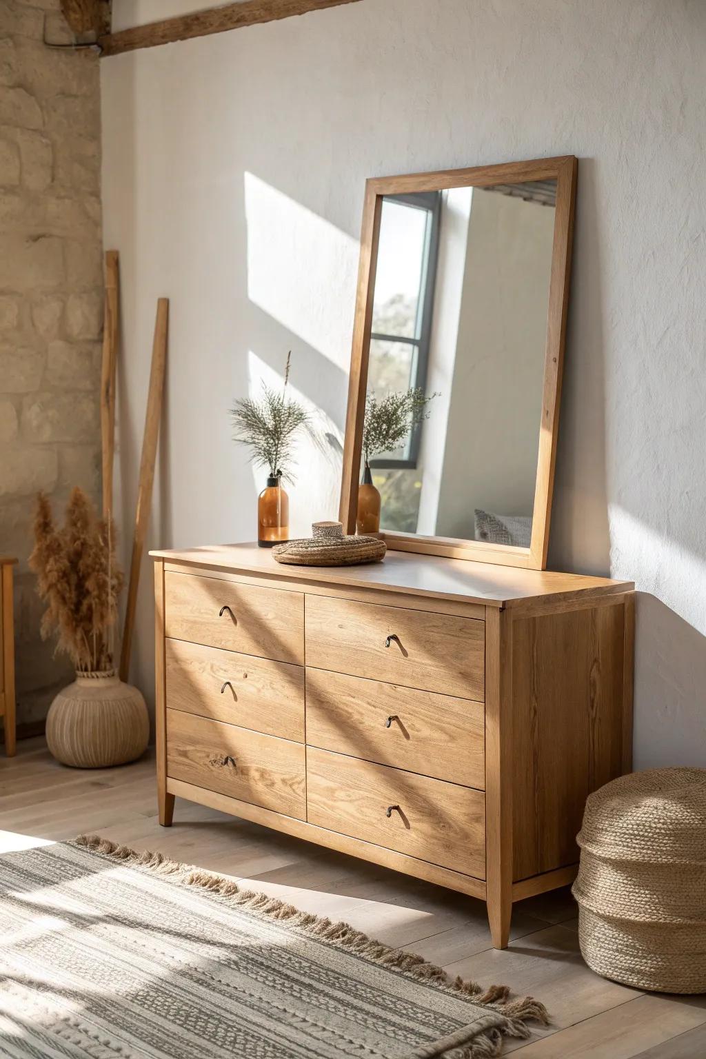 Lean a detachable mirror on your dresser for effortless, modern charm and flexible styling.