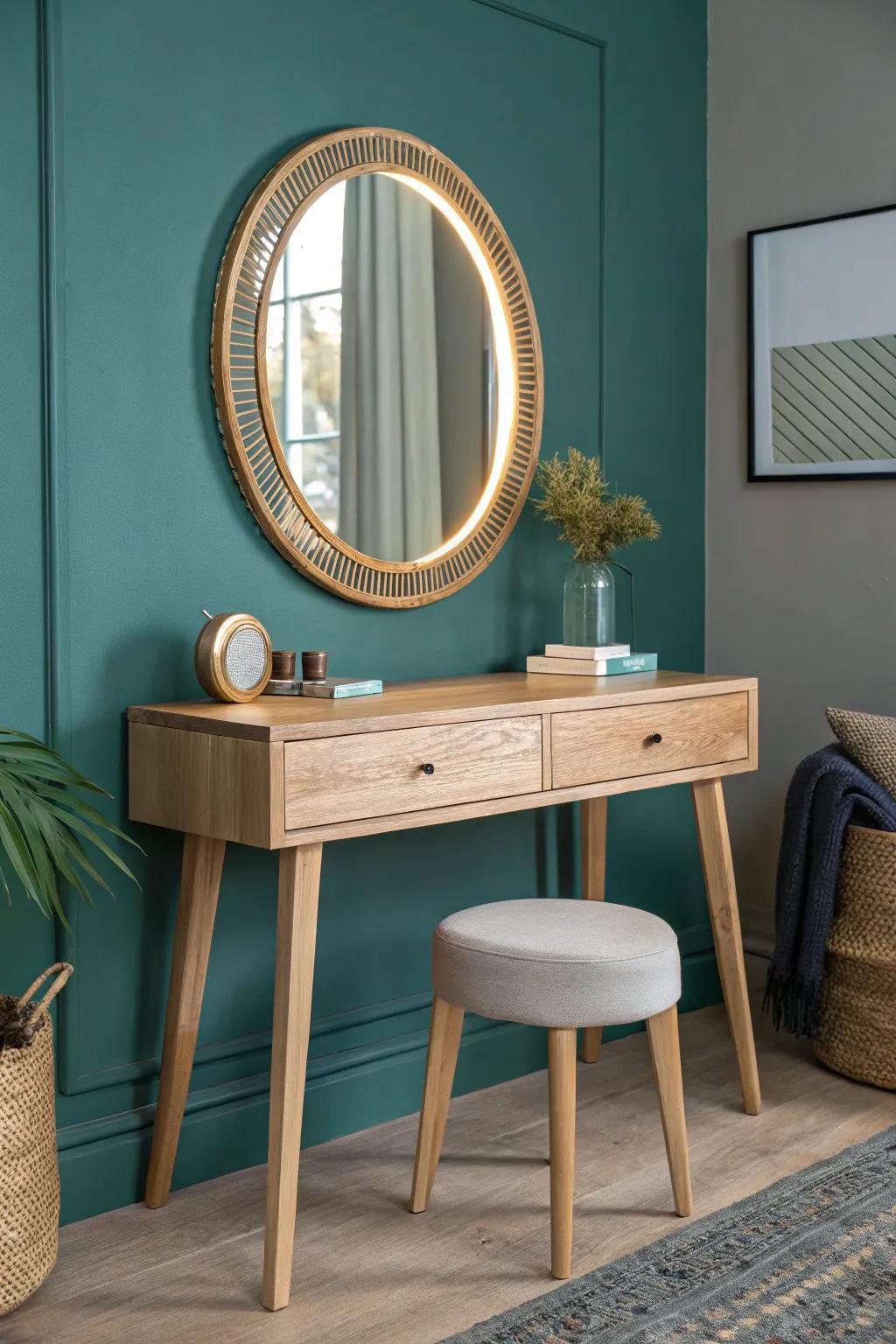 A warm LED halo behind a wood-framed mirror makes your dressing table feel like a calm spa.