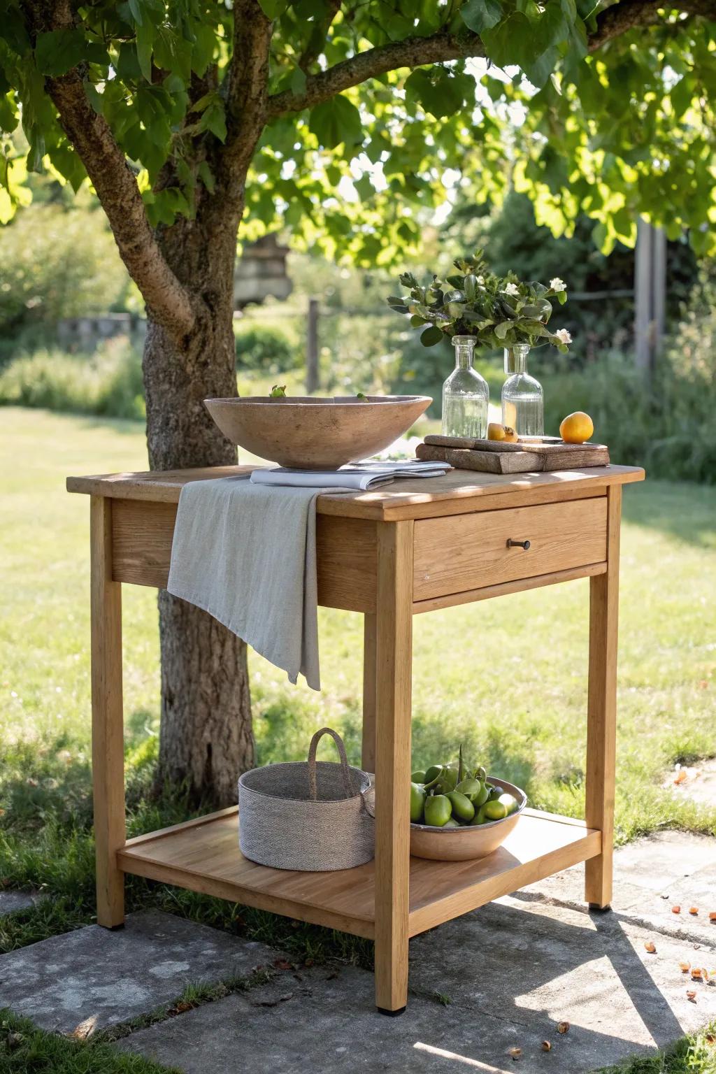A shaded oak drinks table with a linen runner and a weighty centerpiece—breeze-proof and beautiful.