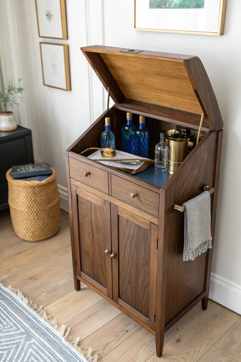 Lid-top dry sink bar with a hidden compartment—crafty, minimal, and a bold pop of color.