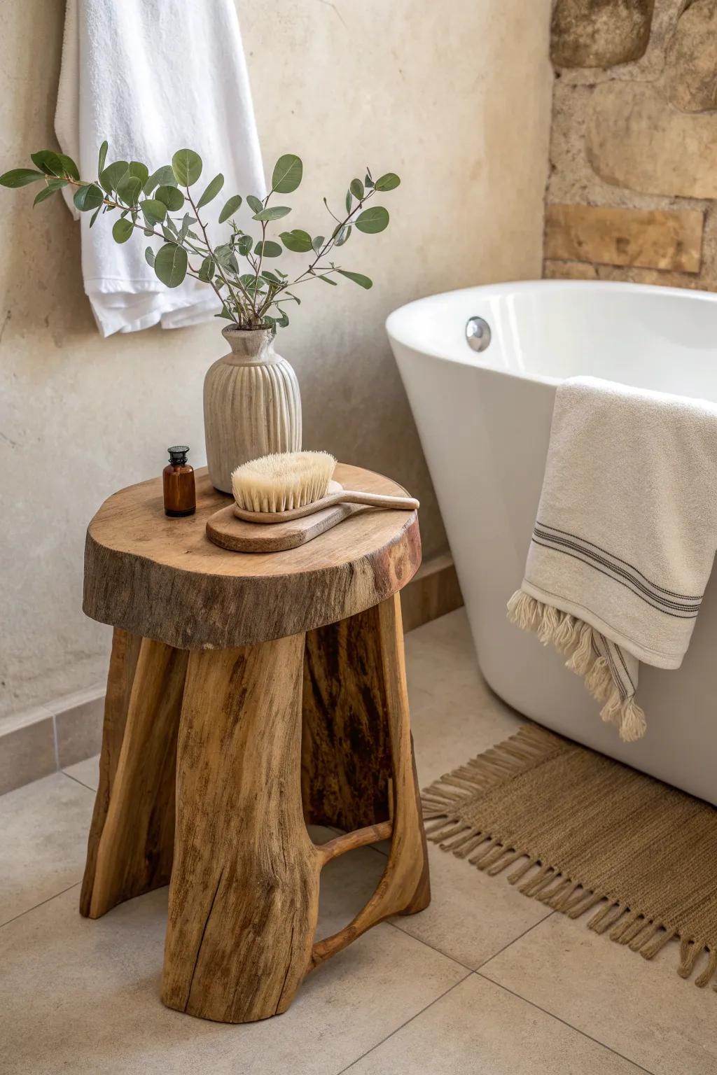 A chunky handmade wood stool turns your bathroom corner into earthy, spa-like calm.