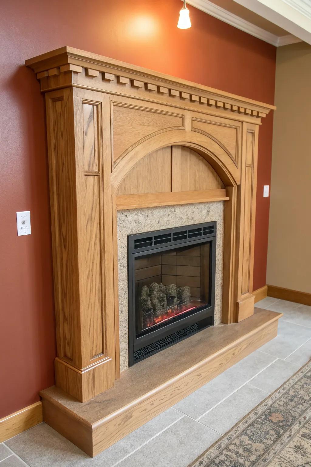 A handcrafted arched niche turns an electric fireplace into a soft, romantic accent wall.