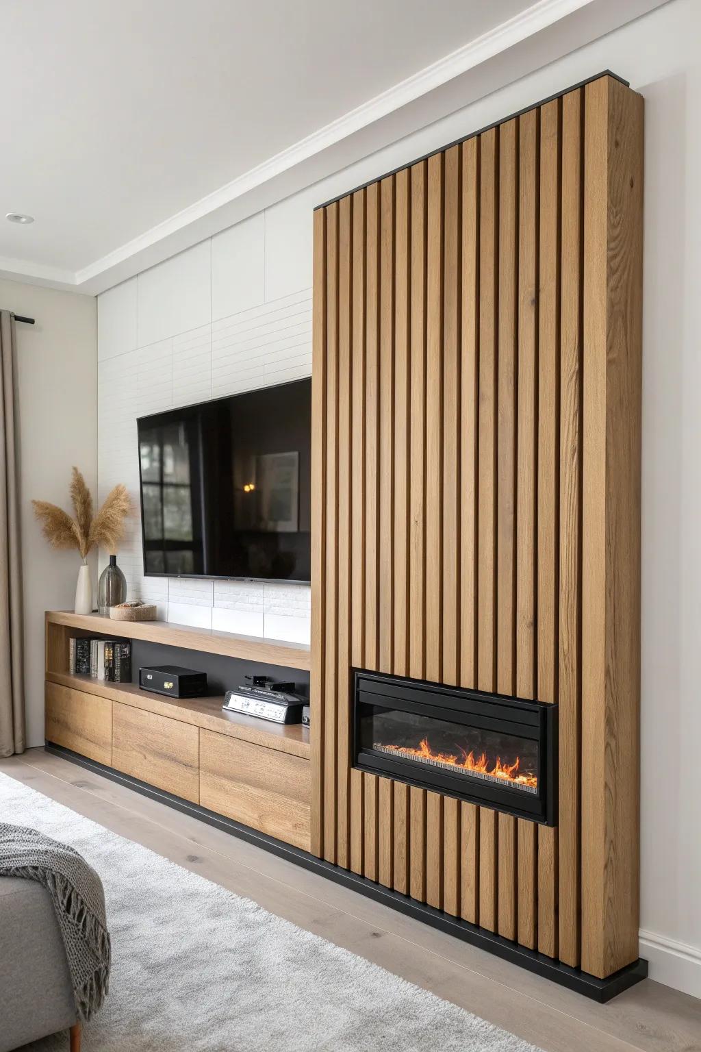 Slide the oak panel shut—TV disappears and the electric fireplace becomes the cozy centerpiece.