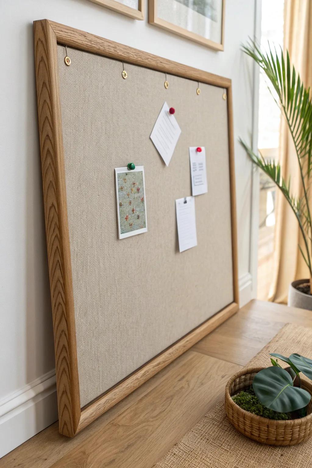 Upholstered linen pinboard in a slim oak frame—functional notes, minimalist elegance.