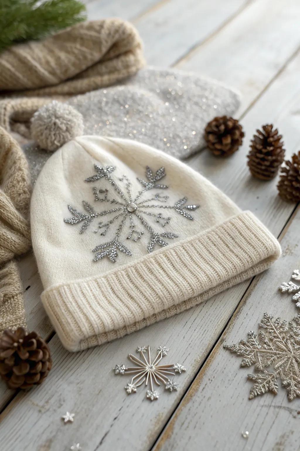 Wrap yourself in winter's embrace with this beautifully embroidered snowflake hat, where cozy meets chic.