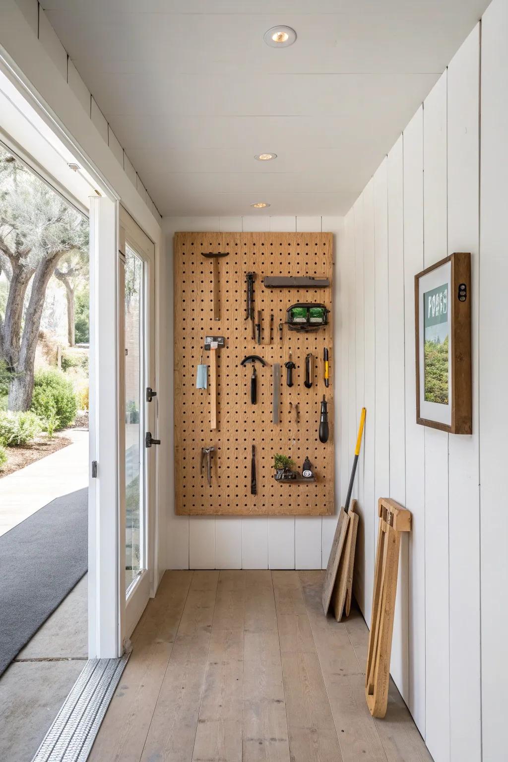 Turn your garage walkway into a mini gallery—sleek pegboard storage with warm wood charm.