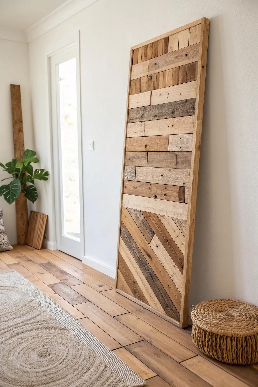Pallet-wood patchwork wall: rustic texture meets clean Scandinavian minimalism for carport enclosures.