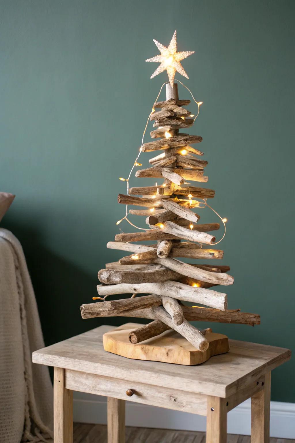 Driftwood tree with warm lights—minimalist, handmade end-table centerpiece for Christmas.
