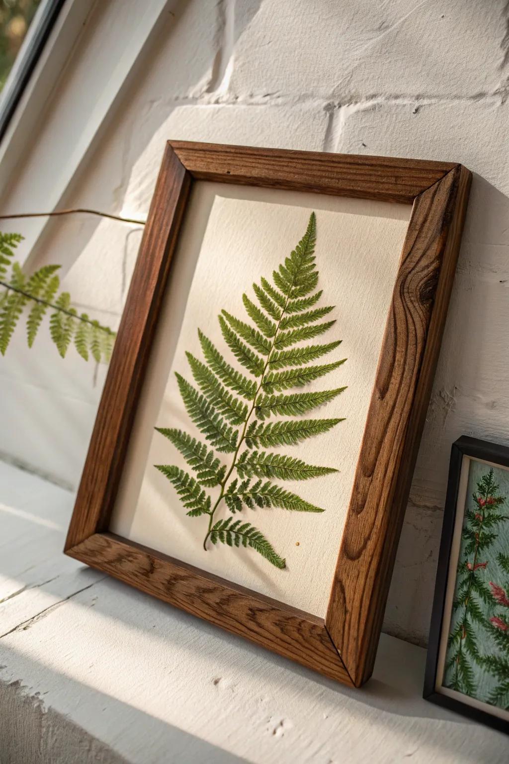 English cottage charm: a vivid fern print in a hand-stained wood frame, grain on show.