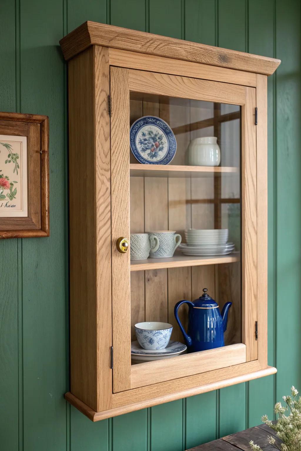 Wavy-glass oak uppers that display collected crockery like art in a cozy cottage kitchen.