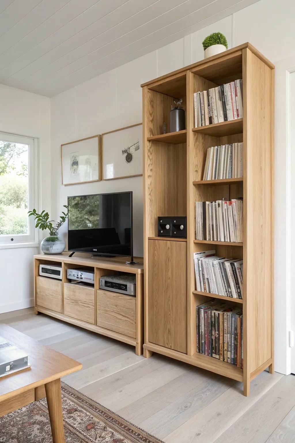 A two-sided oak media divider that defines your space—storage on one side, shelves on the other.