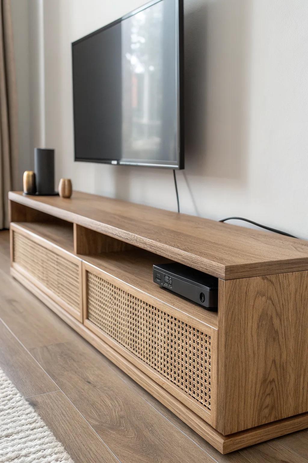 A slim oak cable chase that disappears—clean lines and zero cord clutter under a wall-mounted TV.