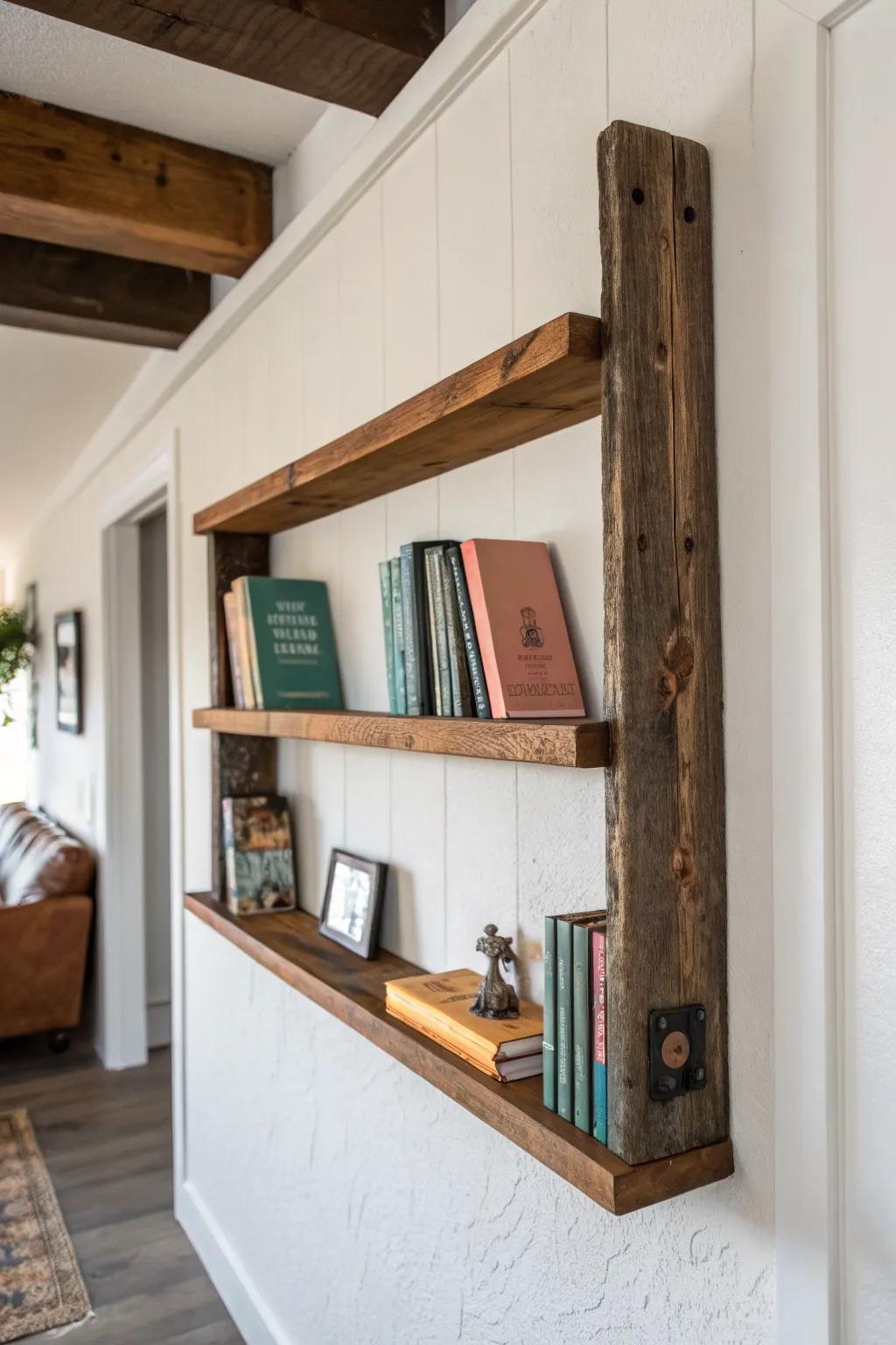 Slim reclaimed-wood entry rail that turns face-out books into art in the tiniest foyer.
