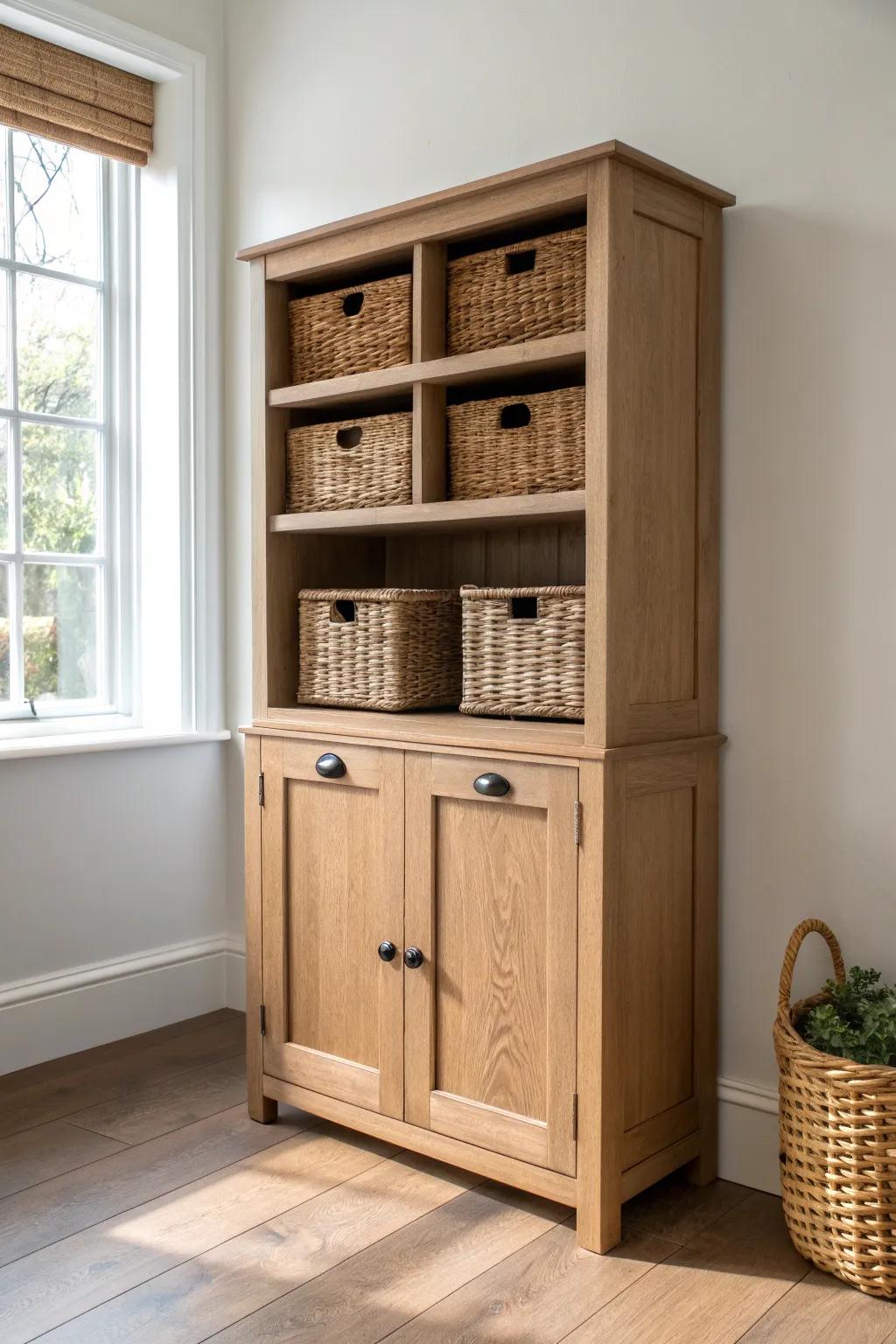 Open cubbies with woven baskets above a sleek cabinet—entryway calm with hidden storage.