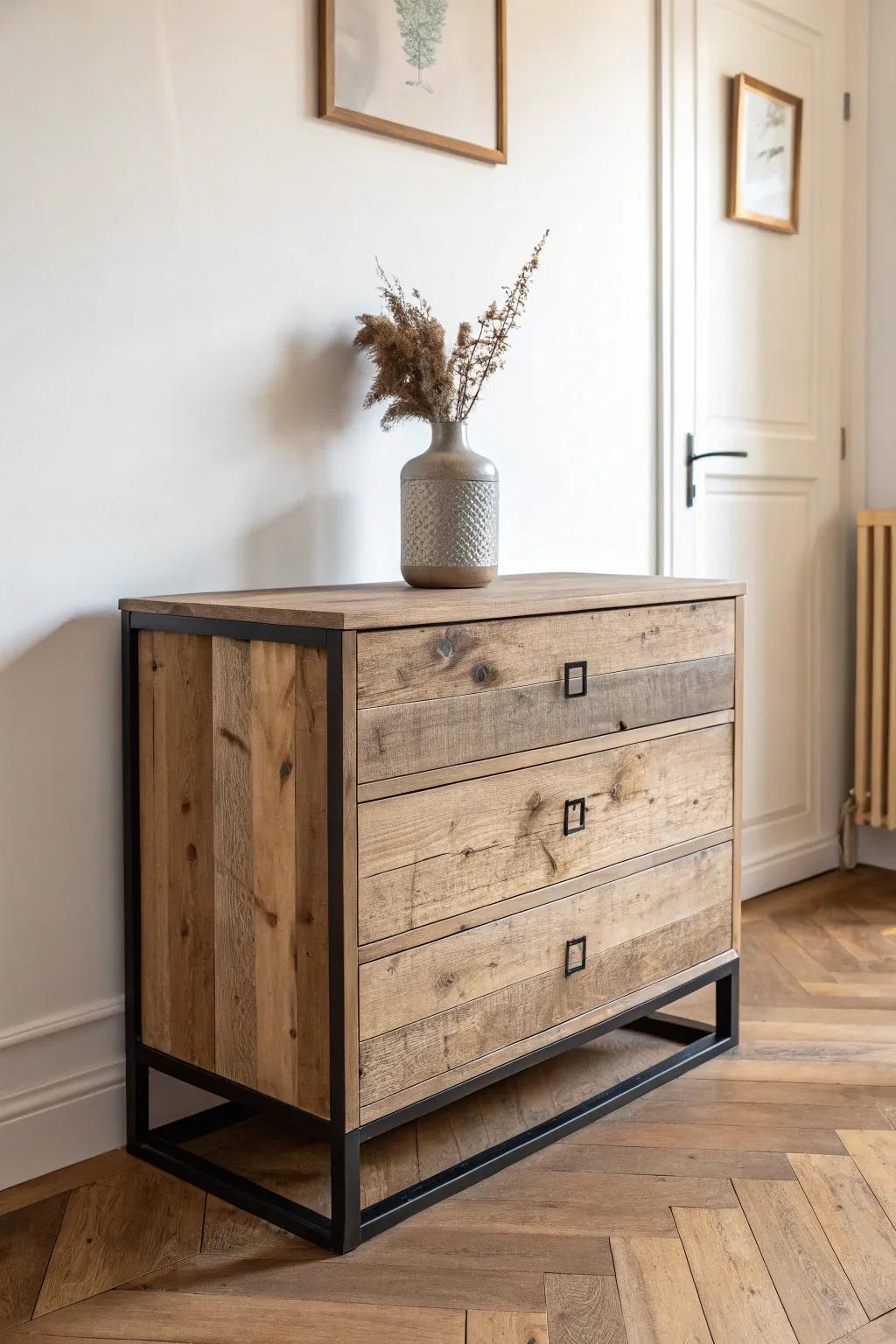 Rustic reclaimed wood chest with sleek black metal straps—modern entryway warmth in one piece.