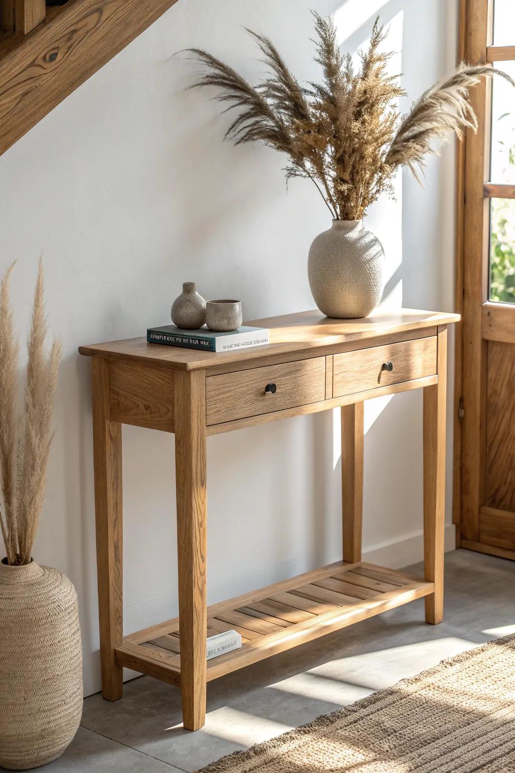 Dried stems in a neutral vase add rustic texture to a minimalist oak console.