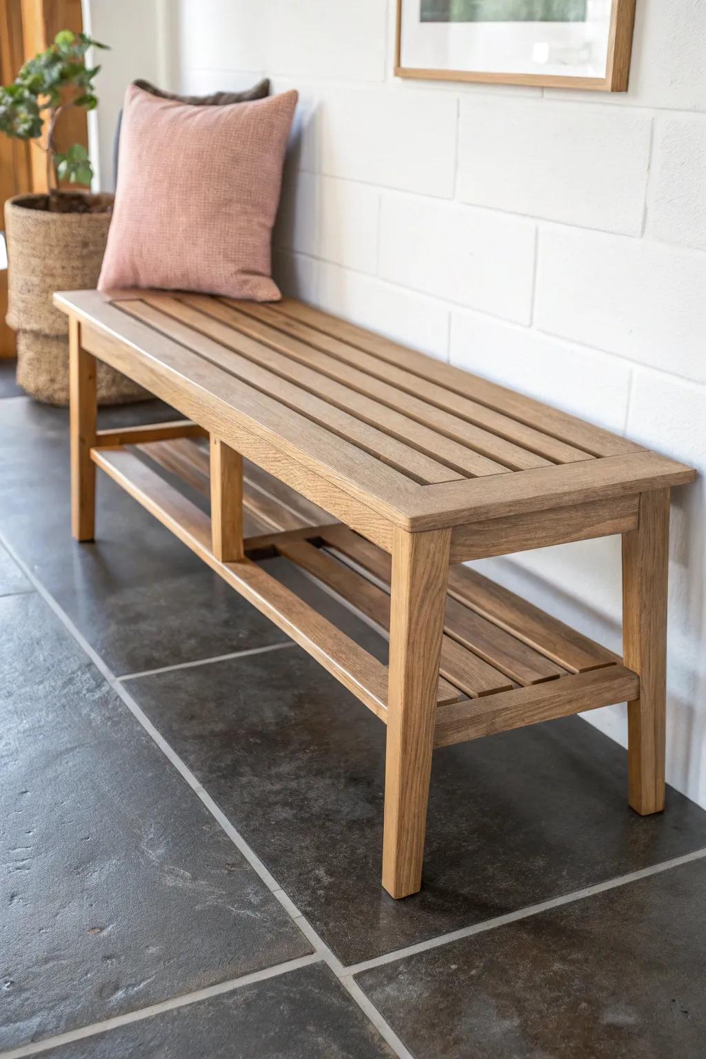 Handcrafted oak bench on stained concrete with scored tile lines—sleek, rustic, and easy-care.