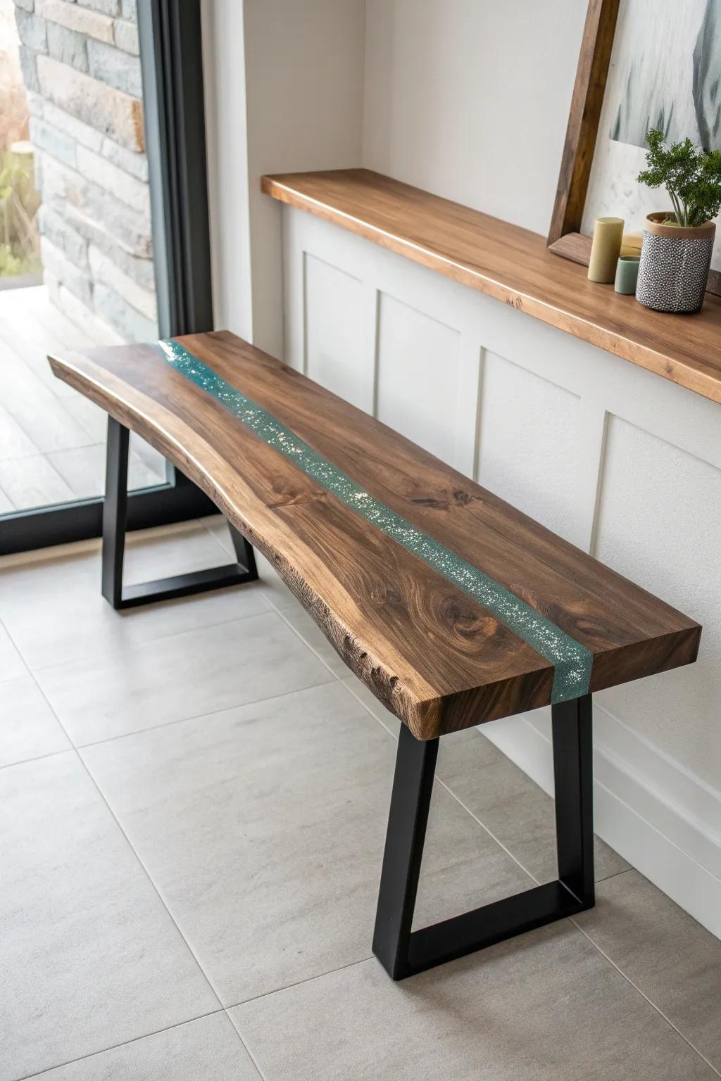 Live-edge walnut bench with a teal resin “river” inlay—functional seating that feels like art.