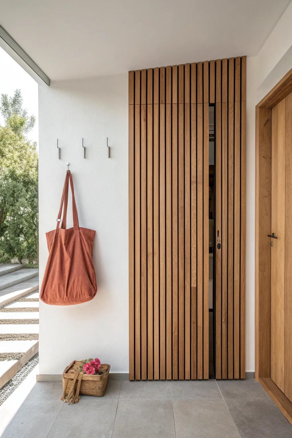 Sleek wood slat wall with hidden hooks—clean look, warm oak texture, and a bold terracotta pop.