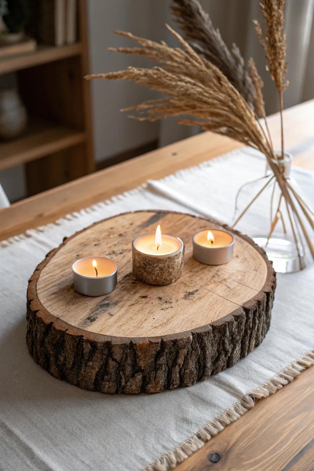 Charred wood slice + glowing tealights: a cozy, minimalist centerpiece with bold contrast.